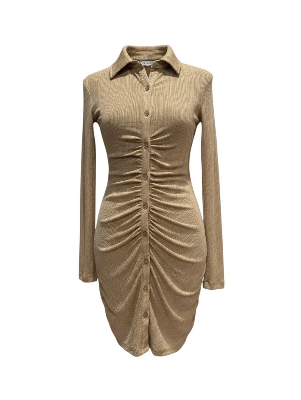NA-KD Beige Ribbed Button Detail Ruched Dress
